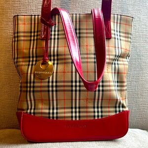 Burberry check w/red leather trim tote
